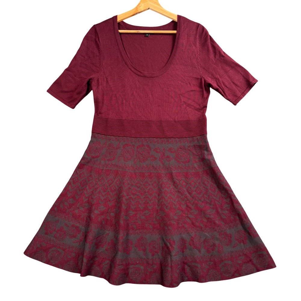 Dark Romantic Fit Flare Sweater Dress Whimsigoth Burgundy Floral L